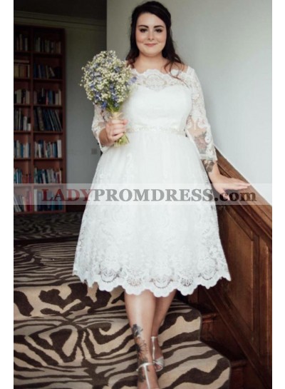 Cheap A Line Off Shoulder Long Sleeves Tea Length Short Plus Size Wedding Dresses 2023
