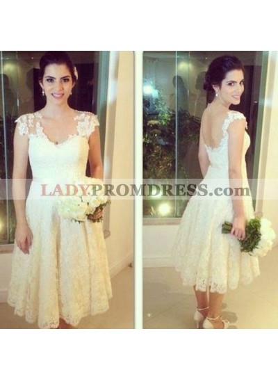 2023 New Arrival A Line Lace Tea length Short Backless Beach Wedding Dresses