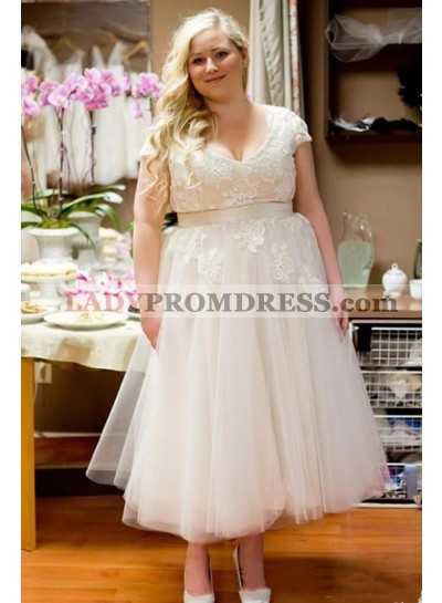 2023 Cheap A Line Tulle Tea Length Capped Sleeves Lace Plus Size Short Wedding Dresses