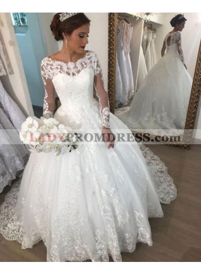 Amazing White Long Sleeves Bateau Lace Ball Gown Wedding Dresses 2023