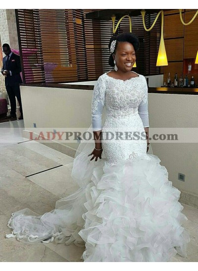 2023 Cheap Mermaid Long Sleeves Ruffles Tulle Lace South African Wedding Dresses