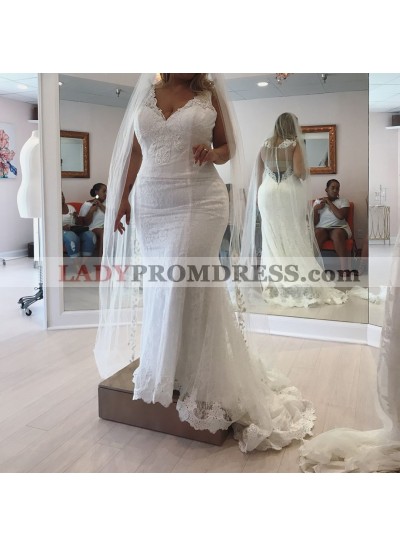 New Arrival Mermaid V Neck See Through Back Lace Wedding Dresses 2023