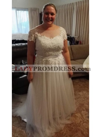 2023 Cheap A Line Capped Sleeves Tulle Scoop Plus Size Beach Wedding Dresses