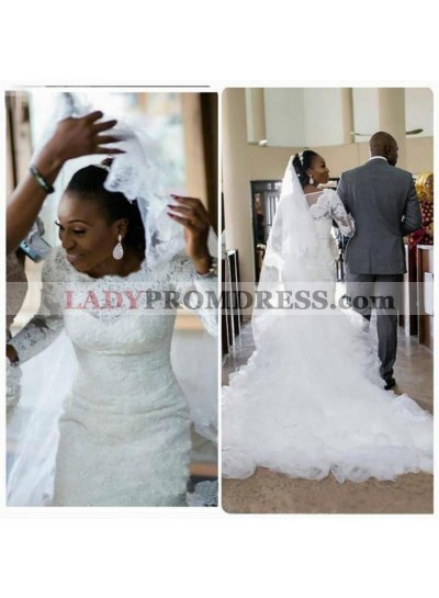 2023 Charming Mermaid Long Sleeves Layered Scoop Lace Long Wedding Dresses
