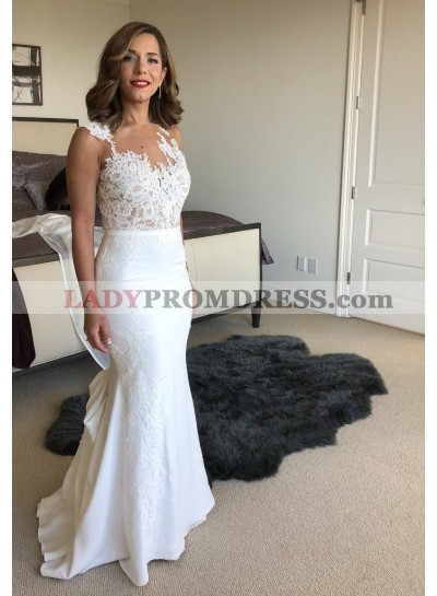 2023 Elegant Sheath White Scoop Lace Cheap Beach Wedding Dresses