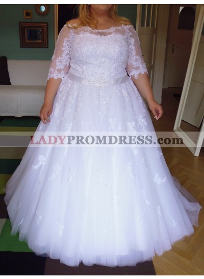 Cheap Long Sleeves White Scoop Belt Plus Size Ball Gown Wedding Dresses 2022