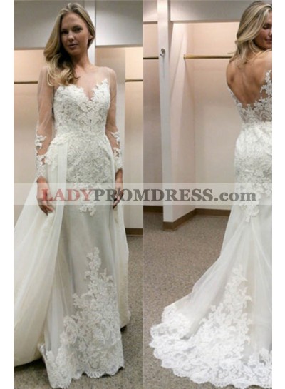 2023 New Arrival Sheath Long Sleeves Detachable Train Backless Lace Wedding Dresses