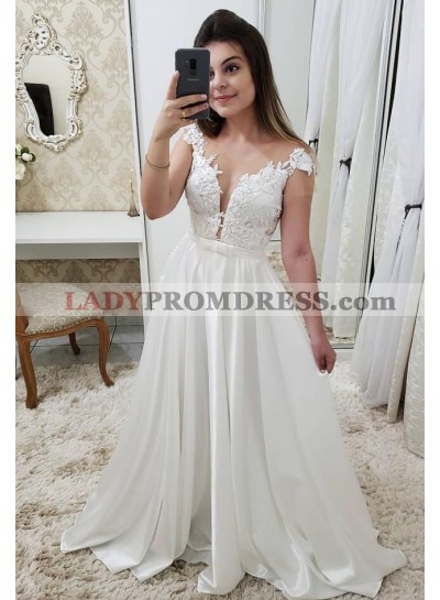 2023 New Arrival A Line Satin Capped Sleeves Open Front Beach Wedding Dresses With Appliques