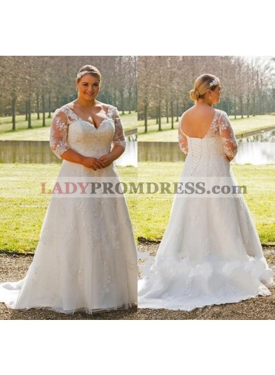 2023 New Arrival A Line Long Sleeves Lace Up Plus Size Wedding Dresses With Appliques