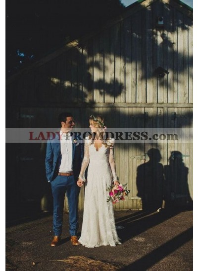 2023 Elegant A Line Long Sleeves V Neck Lace Beach Wedding Dresses