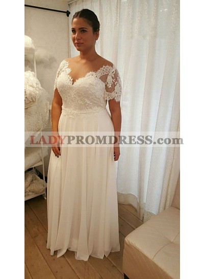 2023 Cheap A Line Chiffon Off Shoulder Capped Sleeves Lace Plus Size Wedding Dresses