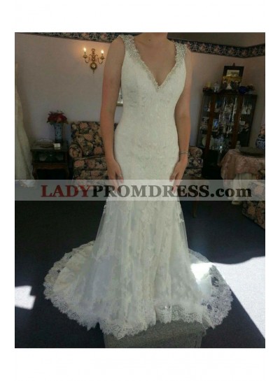 2023 New Arrival Sheath V Neck Beaded Lace Wedding Dresses