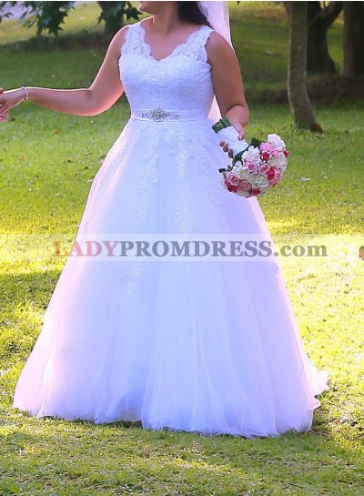 2023 Classic Tulle V Neck Beaded Sash Ball Gown Plus Size Wedding Dresses With Appliques