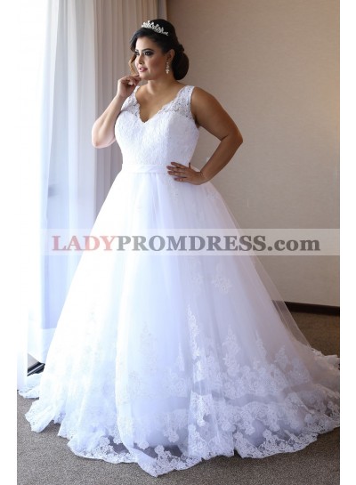 2023 Amazing White V Neck Ball Gown Lace Plus Size Wedding Dresses