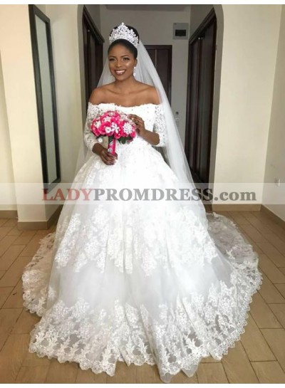 2023 Amazing Long Sleeves Off Shoulder Lace Ball Gown Long Wedding Dresses