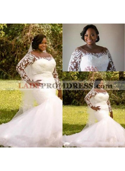 2023 Amazing Mermaid Long Sleeves Scoop Plus Size Lace Wedding Dresses