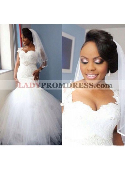 2023 Sexy Mermaid Tulle Capped Sleeves Beaded Sash Sweetheart Lace Wedding Dresses