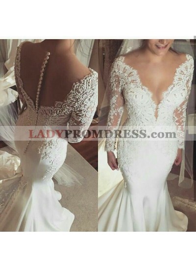 2023 Sexy Mermaid Long Sleeves Open Front Satin Wedding Dresses With Appliques 