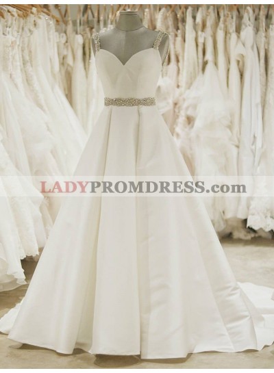 2023 Classic A Line Satin Sweetheart Beaded Sash Beaded Straps Wedding Dresses