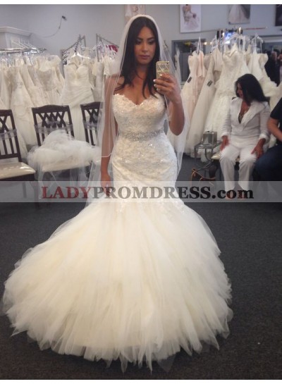 2023 Sexy Mermaid Beaded Sash Tulle Long Sweetheart Wedding Dresses