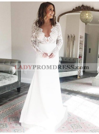 2023 Charming Sheath Long Sleeves Open Front Lace Cheap Beach Wedding Dresses