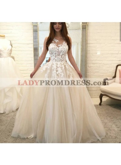 Cheap A Line Tulle Scoop Ivory White Appliques Beach Wedding Dresses 2022