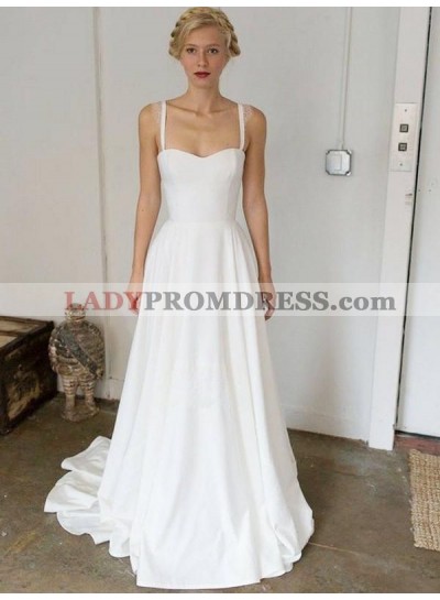 New Arrival A Line Satin White Sweetheart Spaghetti Straps Cheap Beach Wedding Dresses 2023