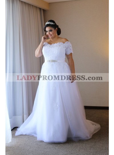 2023 New Arrival A Line Off Shoulder White Short Sleeves Lace Plus Size Wedding Dresses