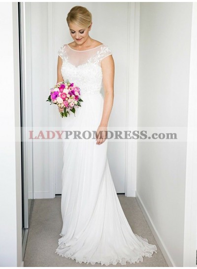 2023 Elegant A Line Chiffon Capped Sleeves Lace Beach Wedding Dresses