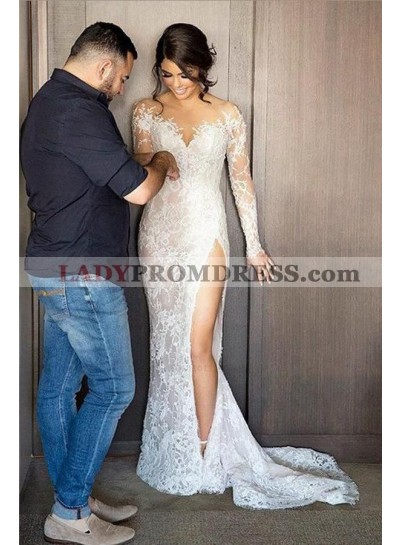 2022 Charming Long Sleeves Sheath Side Slit Sweetheart Lace Wedding Dresses