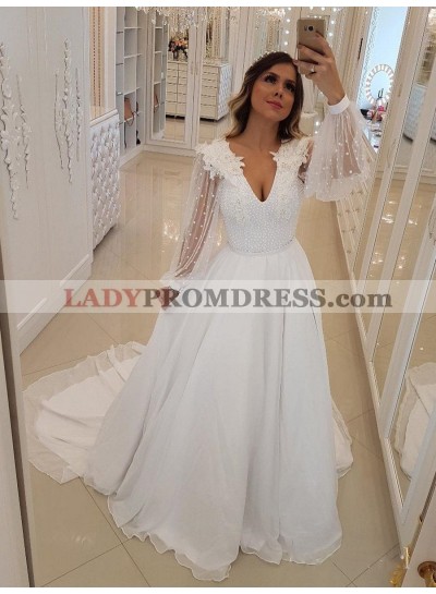 2023 Cheap A Line Long Sleeves V Neck Dot Beaded Beach Wedding Dresses