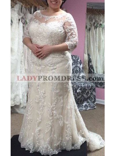 2023 Newly Sheath Long Sleeves Scoop Lace Plus Size Wedding Dresses 