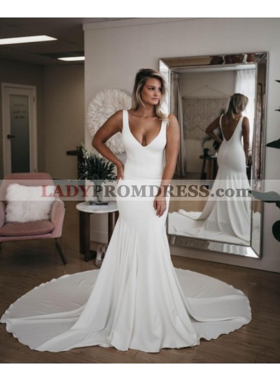 2023 Sexy Mermaid Satin V Neck Backless Long Train Wedding Dresses