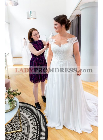 2023 Amazing A Line Chiffon Scoop Off Shoulder Lace Plus Size Beach Wedding Dresses 