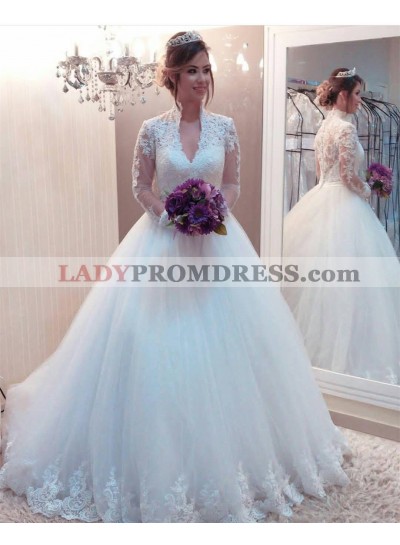 Classic Long Sleeves High Neck Lace Ball Gown Wedding Dresses 2023
