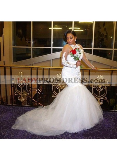 2023 Sexy Mermaid Tulle Long Sleeves Mesh Long Wedding Dresses With Appliques