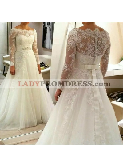 2023 New Arrival A Line Long Sleeves Off Shoulder Belt Lace Tulle Wedding Dresses
