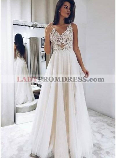 2023 Cheap A Line Tulle V Neck Floor Length Lace Beach Wedding Dresses