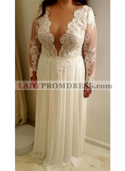 2023 Charming A Line Chiffon Long Sleeves Open Front Lace Beach Wedding Dresses