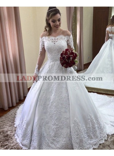 2023 Amazing Long Sleeves Off Shoulder Lace Ball Gown Wedding Dresses