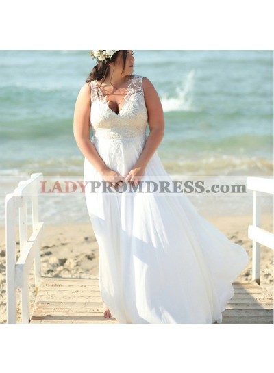 2022 Cheap A Line Chiffon V Neck Plus Size Lace Beach Wedding Dresses