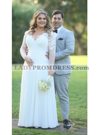 2023 New Arrival A Line Floor Length Long Sleeves Lace V Neck Plus Size Wedding Dresses