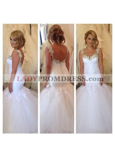 2023 Sexy Mermaid Sweetheart Lace Tulle White Pleated Wedding Dresses