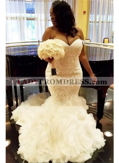 Alluring 2023 Mermaid Sweetheart Lace Ruffles Long Plus Size Wedding Dresses 