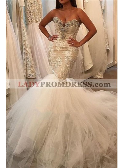 Charming Mermaid Sweetheart Tulle Beaded Lace Cheap Wedding Dresses 2023