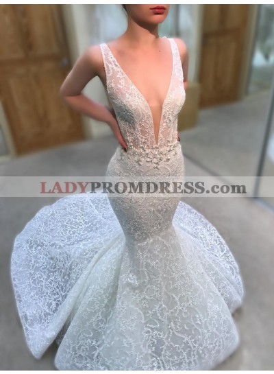 New Arrival Mermaid White V Neck Open Front Backless Lace Wedding Dresses 2023