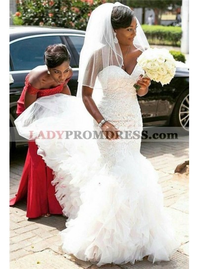 Charming Mermaid Sweetheart Lace Layered Tulle Pleated Long Wedding Dresses 2023