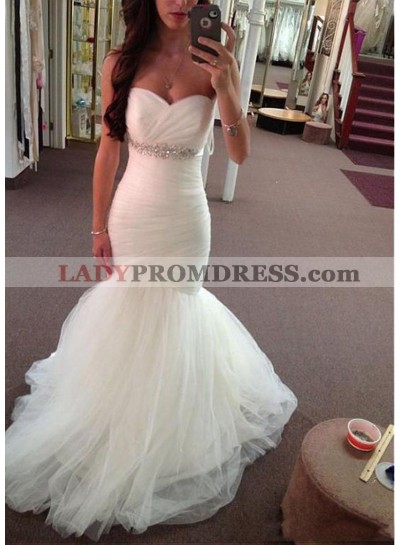 Cheap Mermaid Sweetheart Beaded Tulle Pleated Wedding Dresses 2023