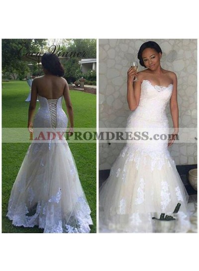 Cheap Mermaid Sweetheart Tulle Lace Up Vintage Lace Wedding Dresses 2023