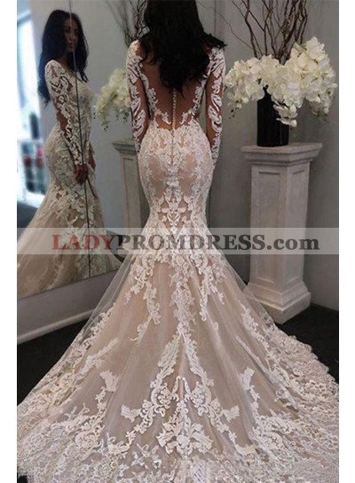 2022 New Arrival Mermaid Long Sleeves See Through Back Sweetheart Long Lace Wedding Dresses